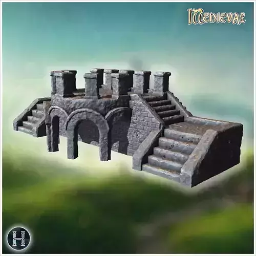 Ancient stone staircase with multiple levels archways and sturdy