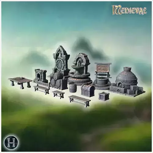 Collection of medieval market items including fountain well fire