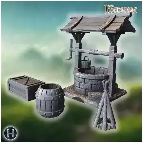 Wooden well with detailed roof bucket and surrounding barrels cr