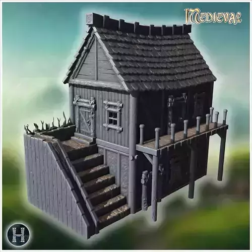 Medieval wooden house with stone foundation detailed stairs and 