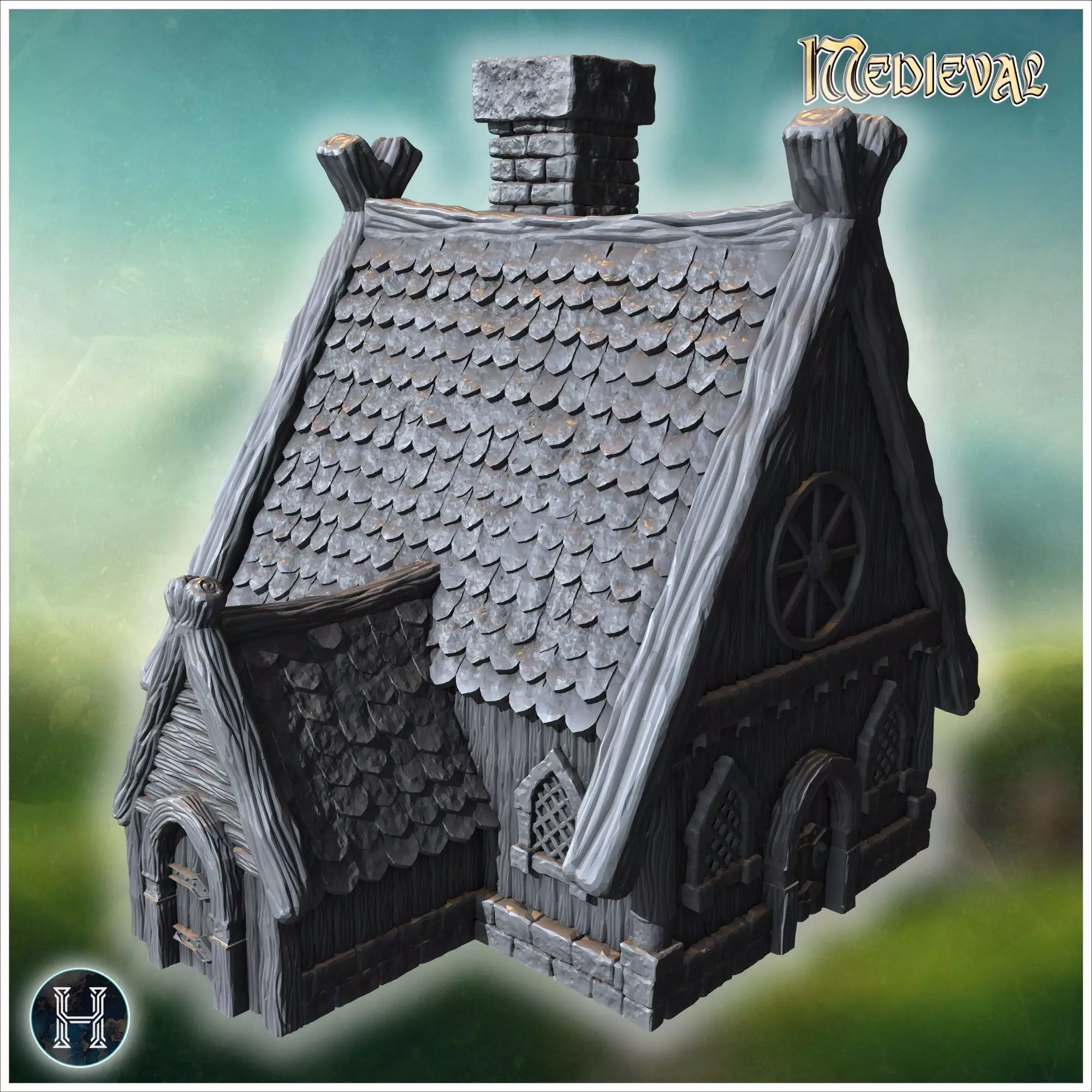 Large wooden house with intricate roof beams stone chimney and r 3D print model_5