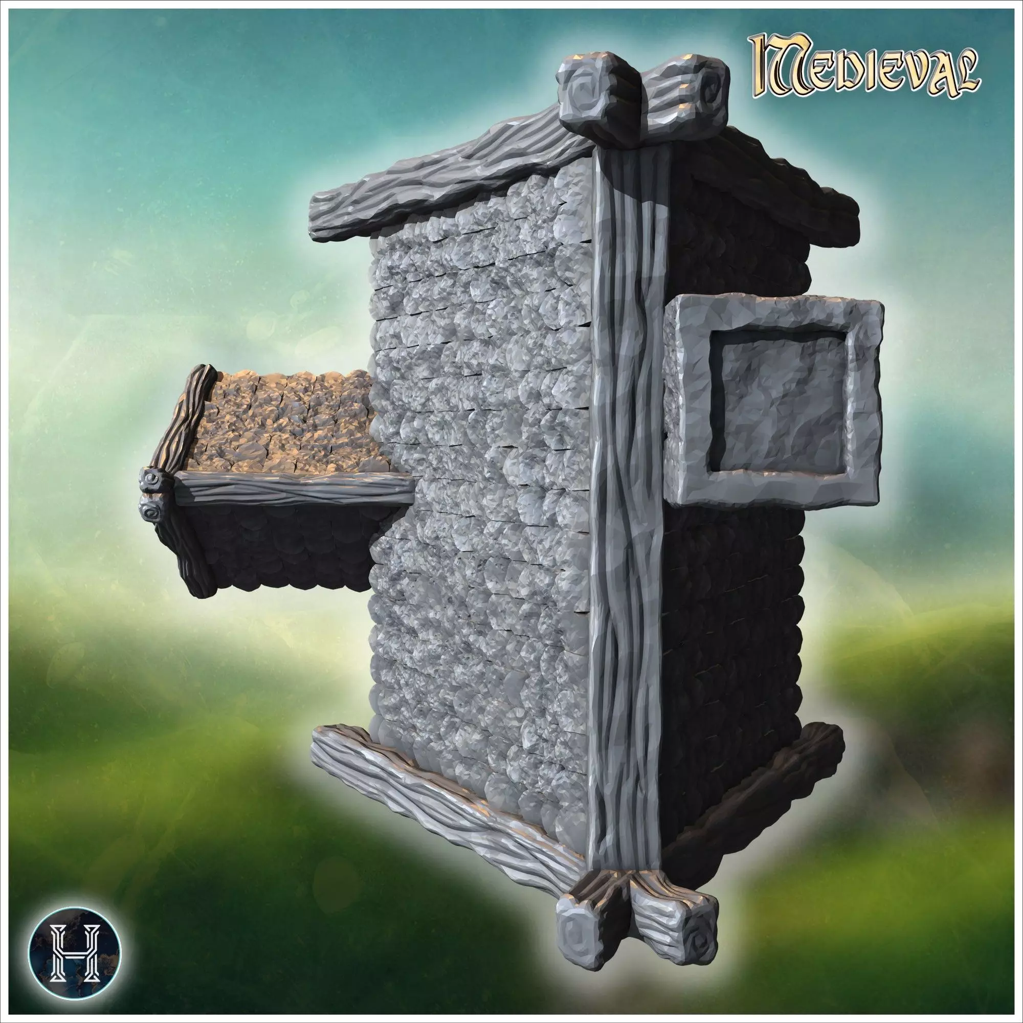 Large wooden house with intricate roof beams stone chimney and r 3D print model_2