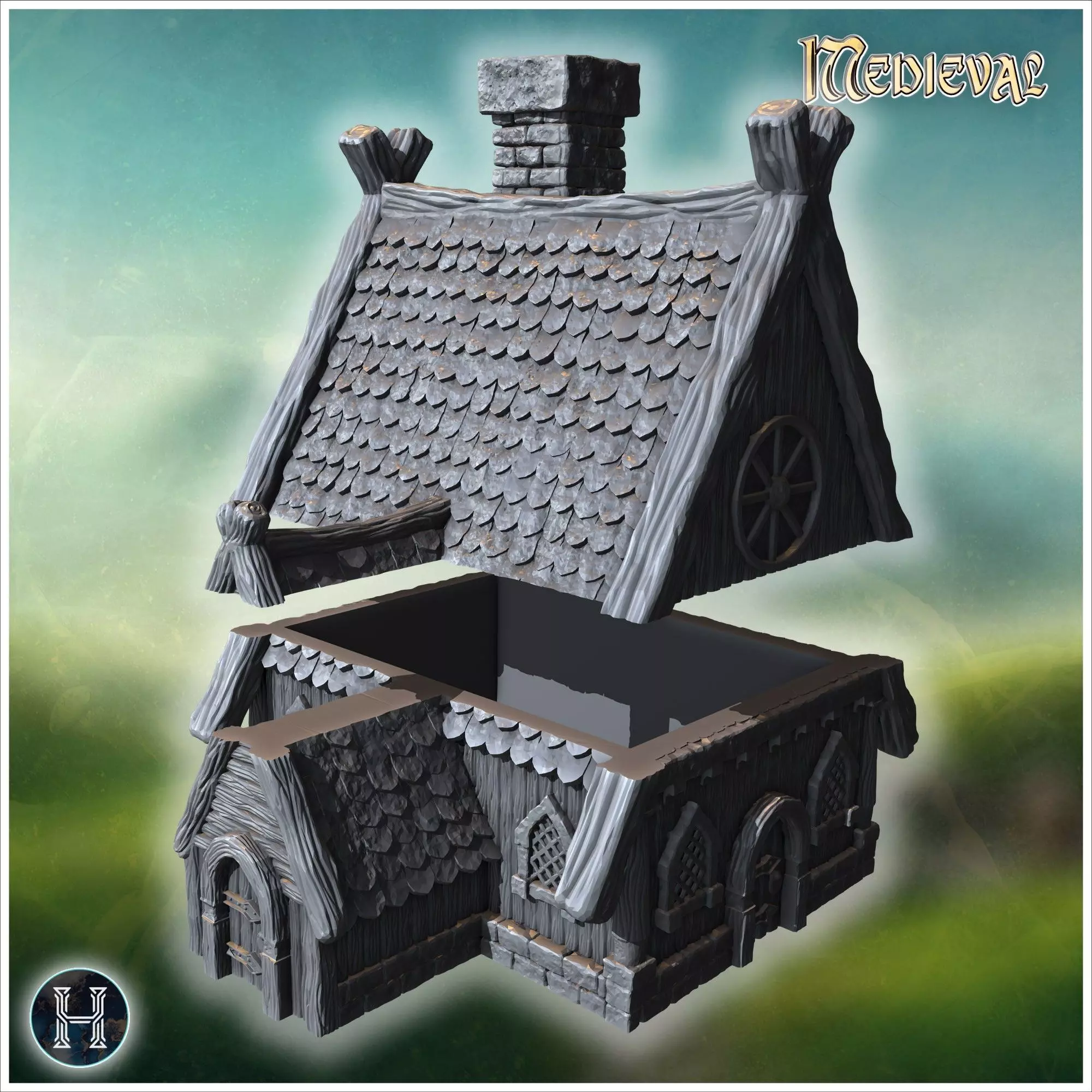 Large wooden house with intricate roof beams stone chimney and r 3D print model_4
