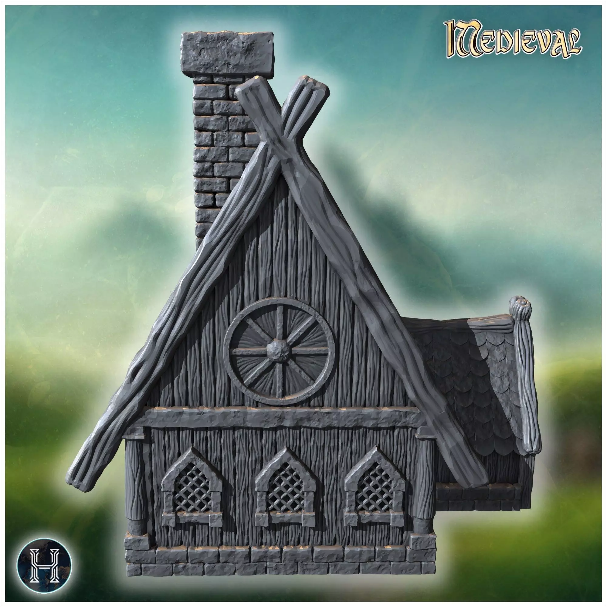 Large wooden house with intricate roof beams stone chimney and r 3D print model_9