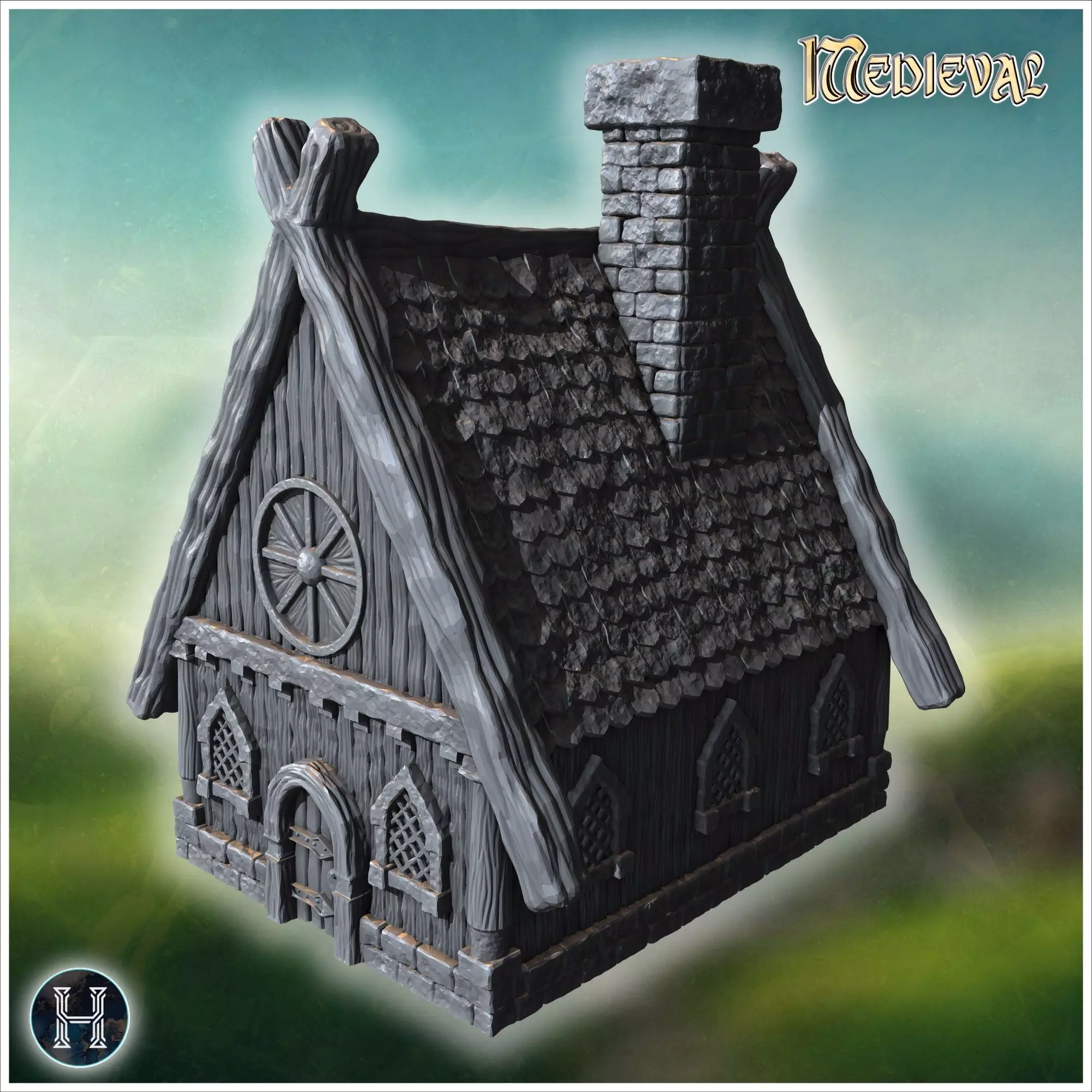 Large wooden house with intricate roof beams stone chimney and r 3D print model_0