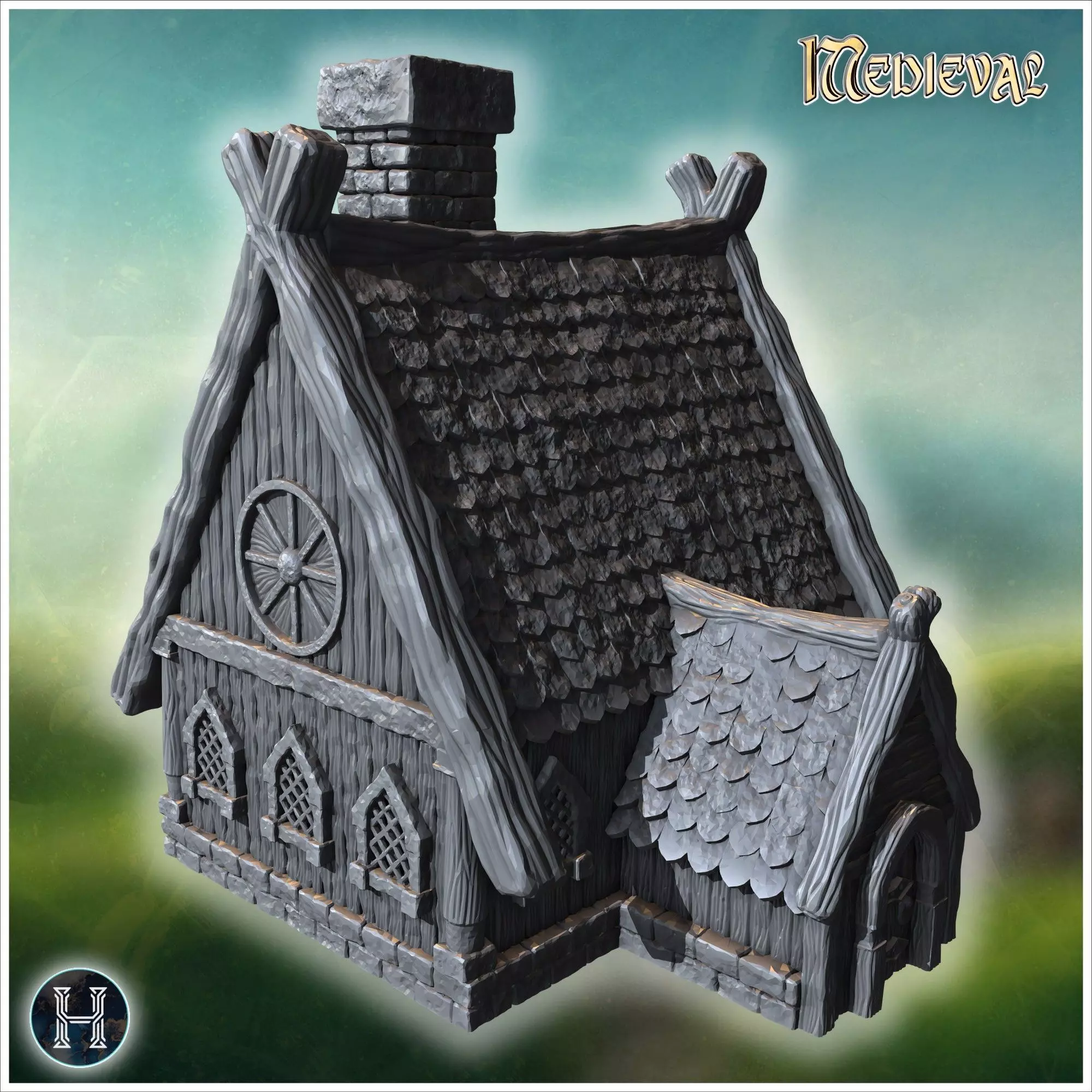 Large wooden house with intricate roof beams stone chimney and r 3D print model_8