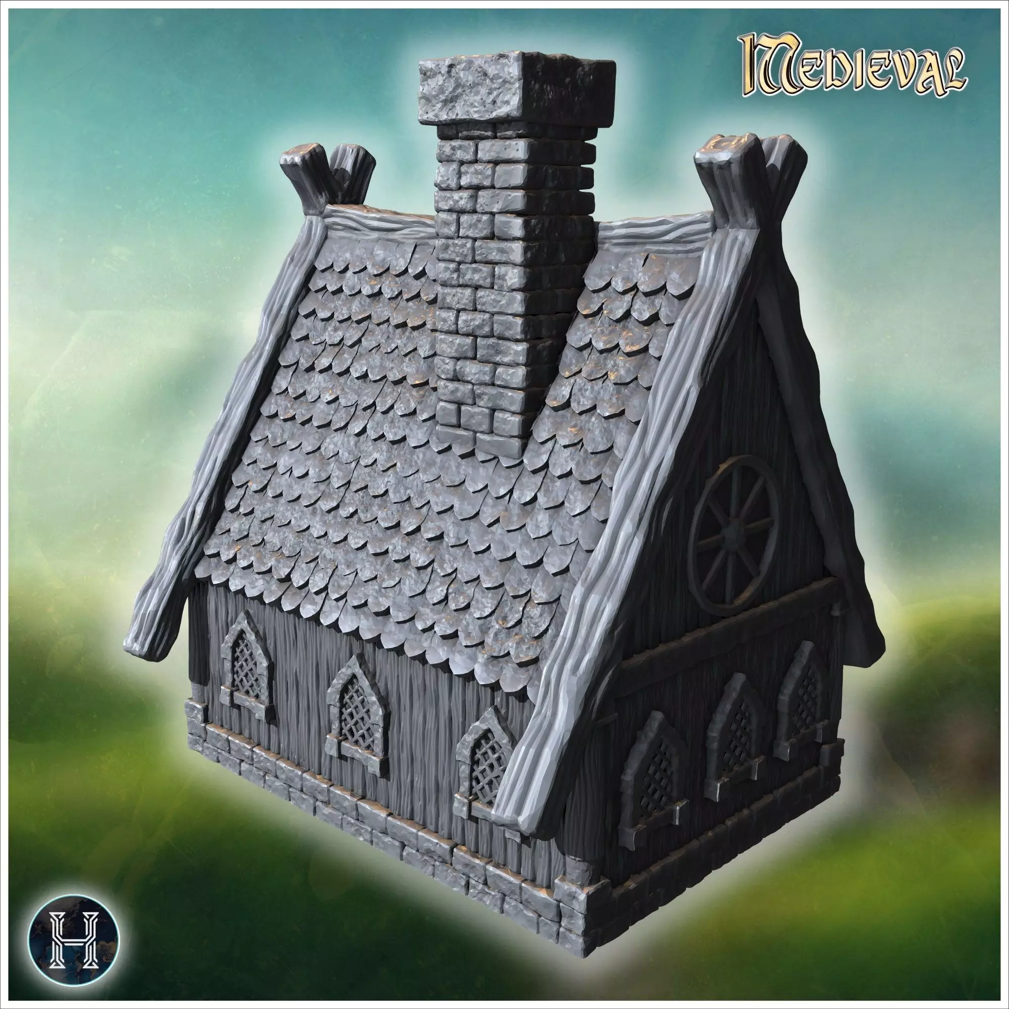 Large wooden house with intricate roof beams stone chimney and r 3D print model_10
