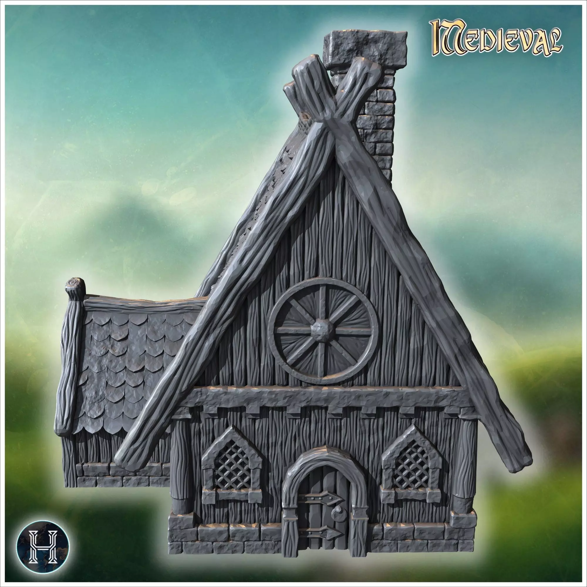 Large wooden house with intricate roof beams stone chimney and r 3D print model_3