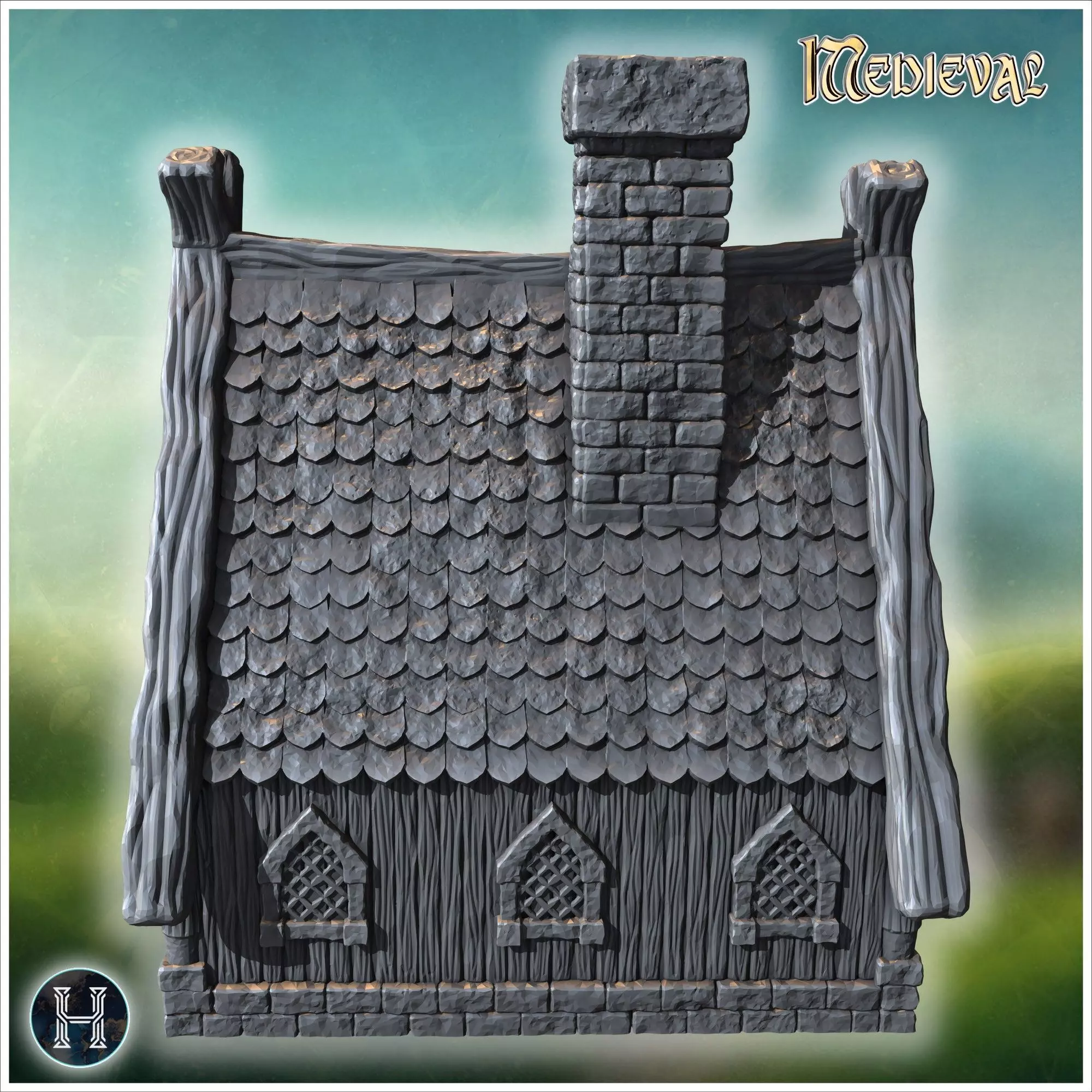 Large wooden house with intricate roof beams stone chimney and r 3D print model_1
