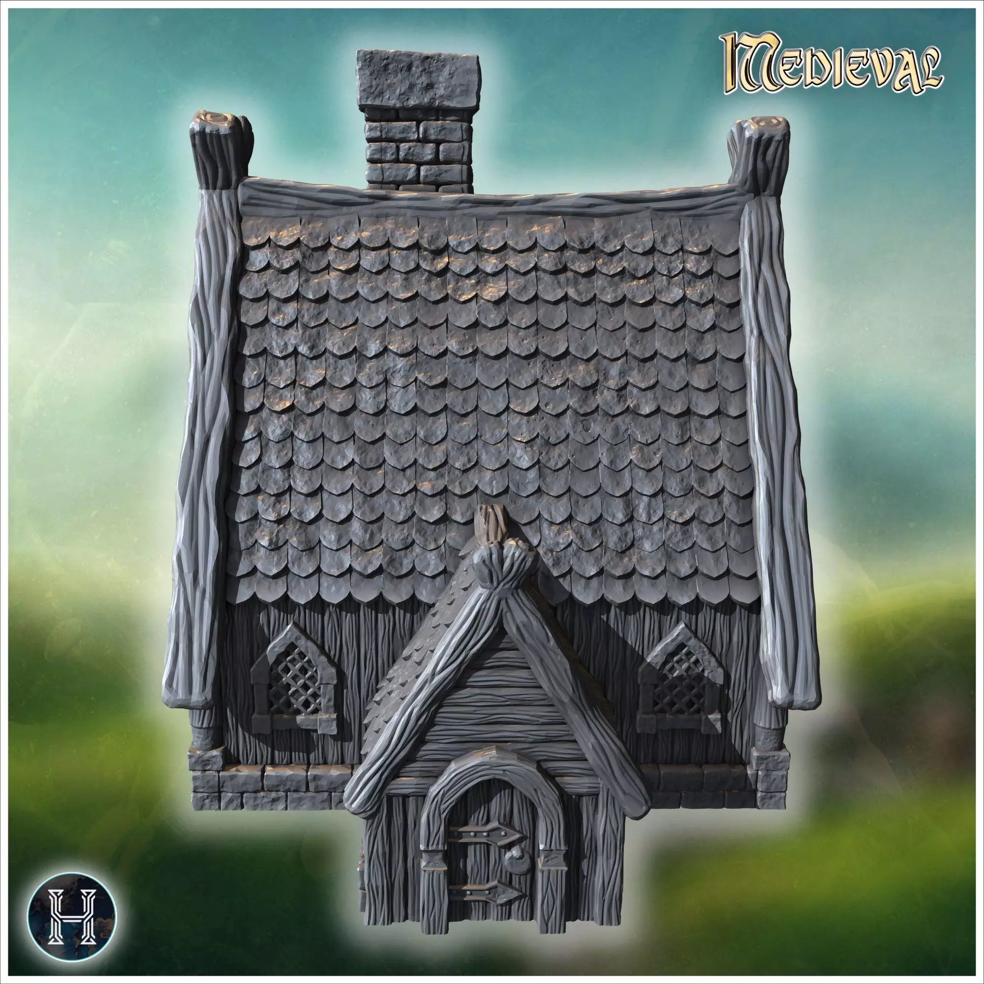 Large wooden house with intricate roof beams stone chimney and r 3D print model_6