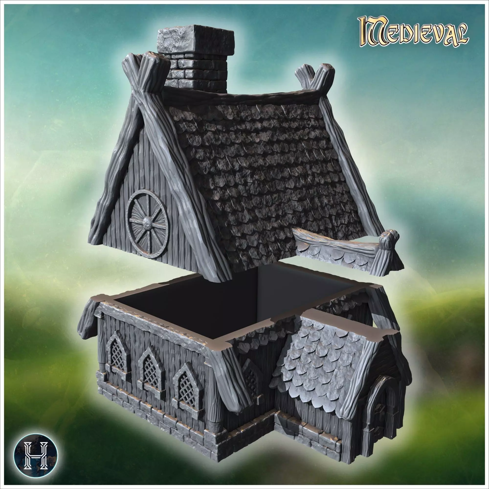 Large wooden house with intricate roof beams stone chimney and r 3D print model_7