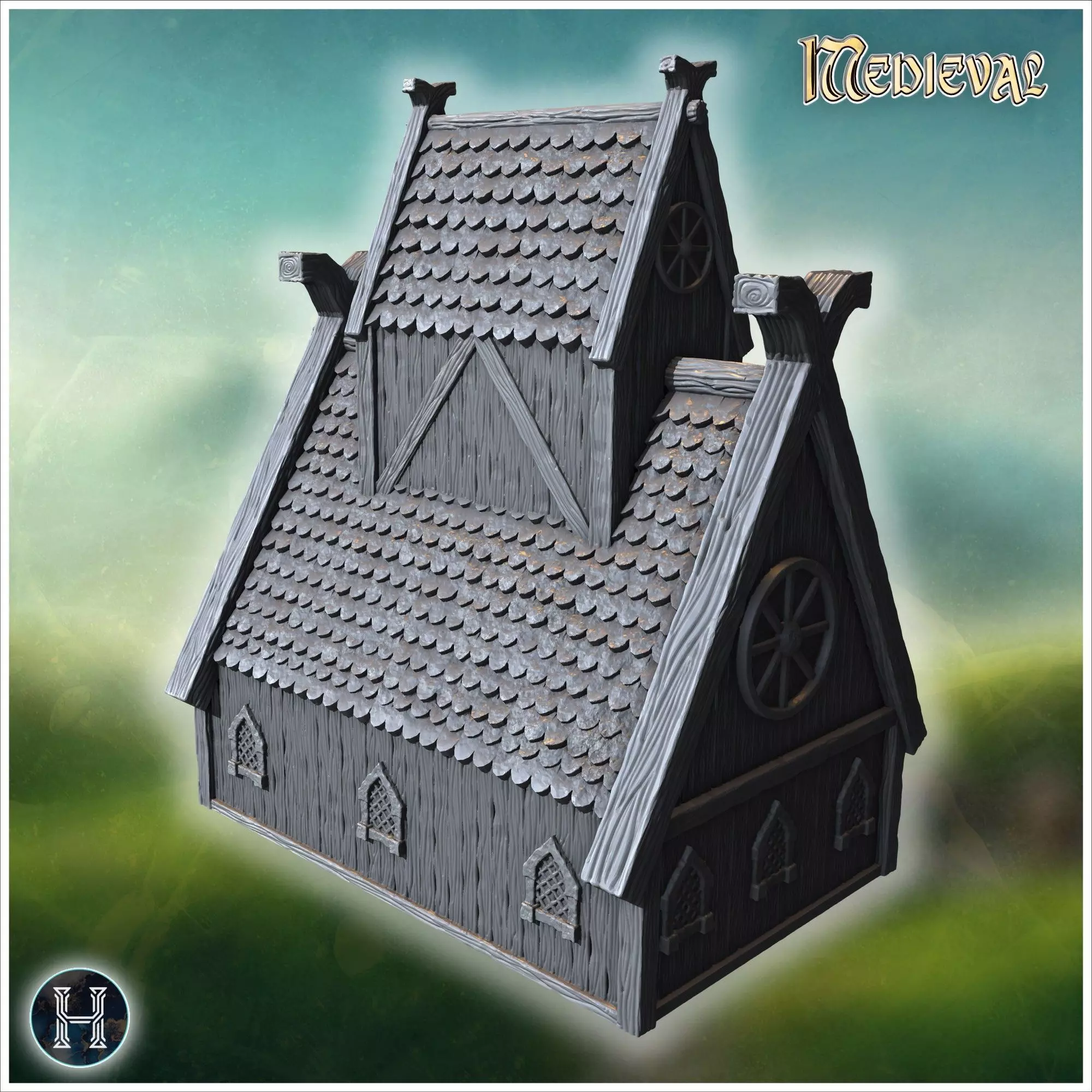 Traditional wooden hall with steep roof reinforced framework and 3D print model_1