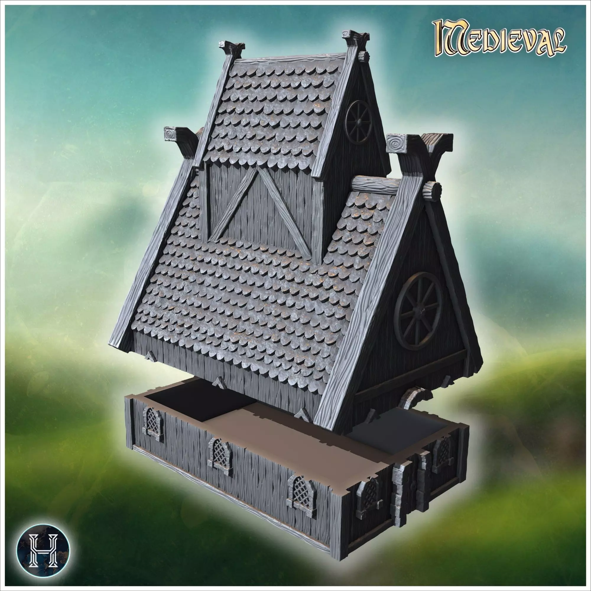 Traditional wooden hall with steep roof reinforced framework and 3D print model_6
