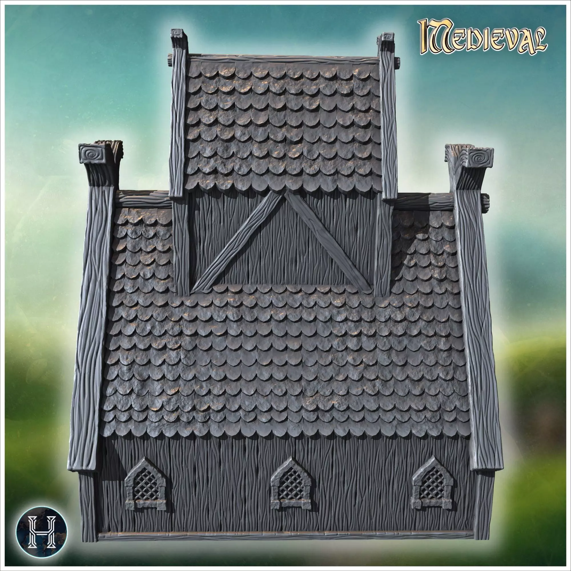 Traditional wooden hall with steep roof reinforced framework and 3D print model_8