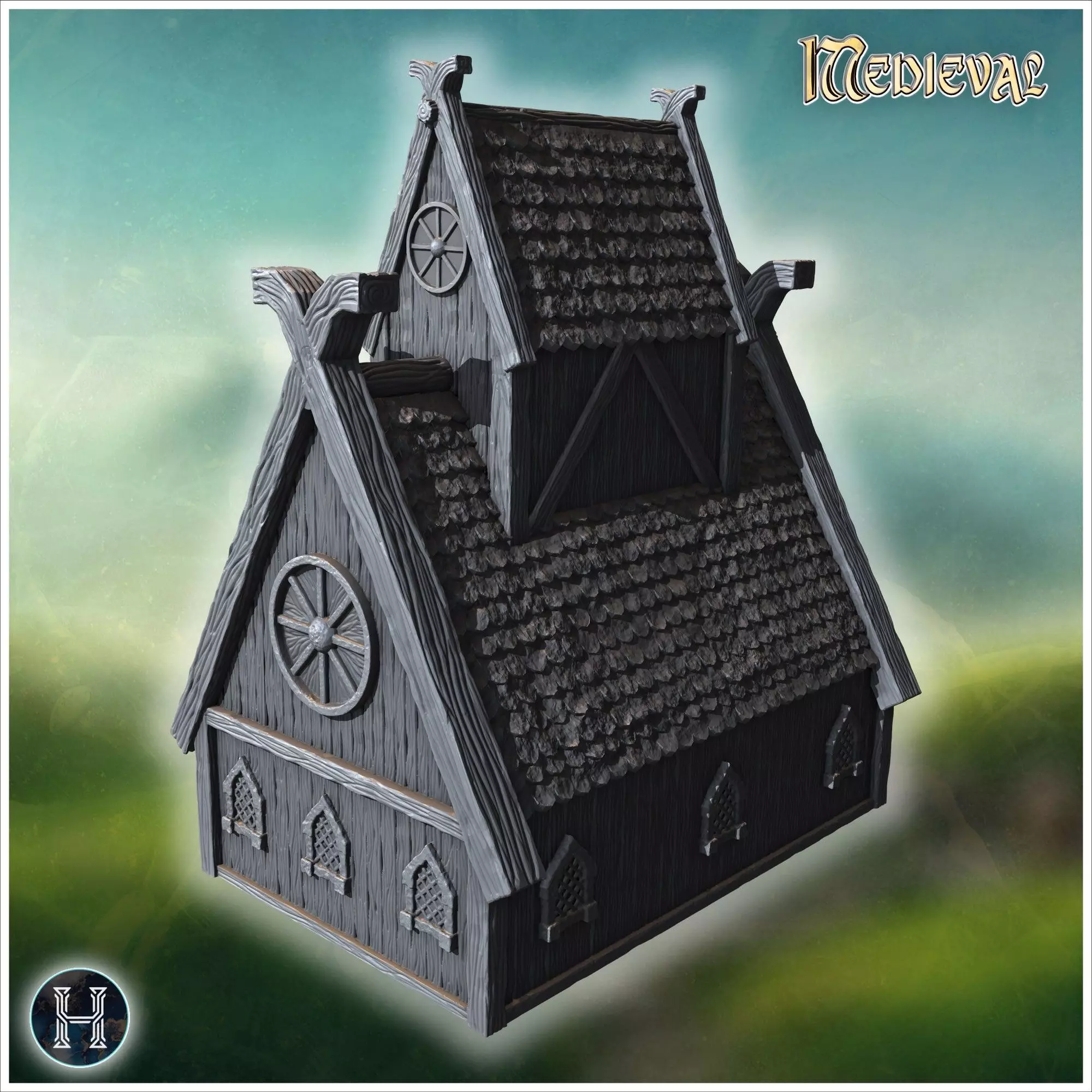 Traditional wooden hall with steep roof reinforced framework and 3D print model_9