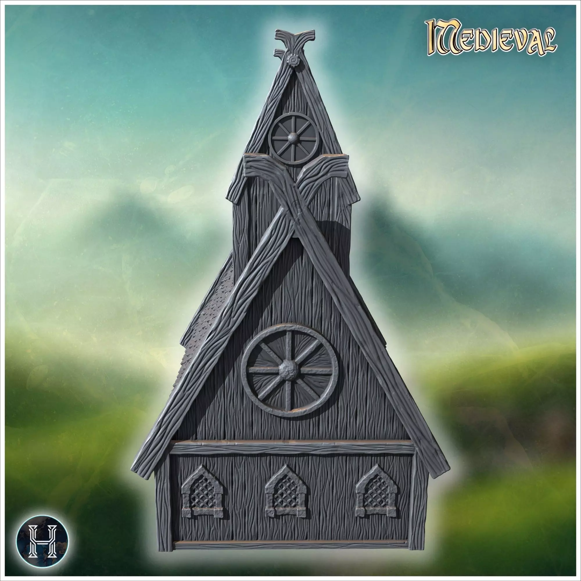 Traditional wooden hall with steep roof reinforced framework and 3D print model_10