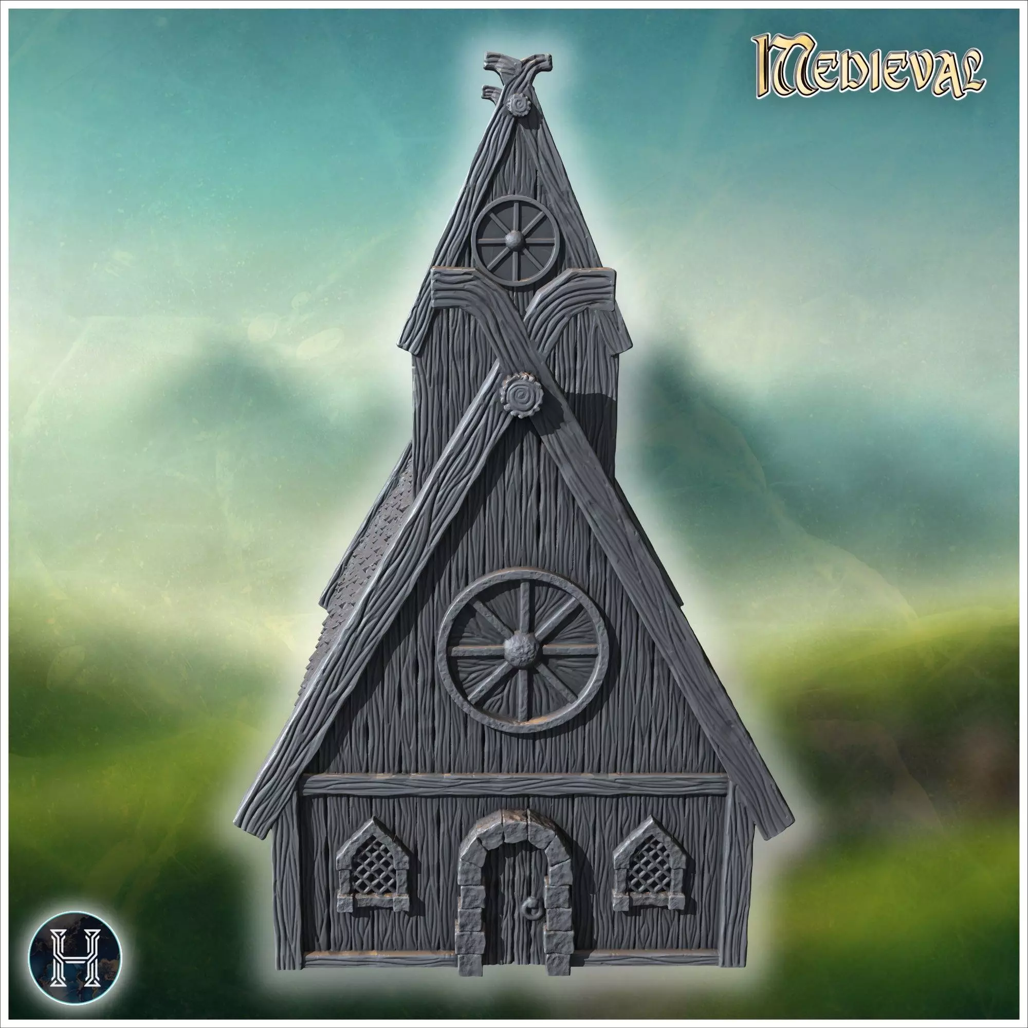 Traditional wooden hall with steep roof reinforced framework and 3D print model_5