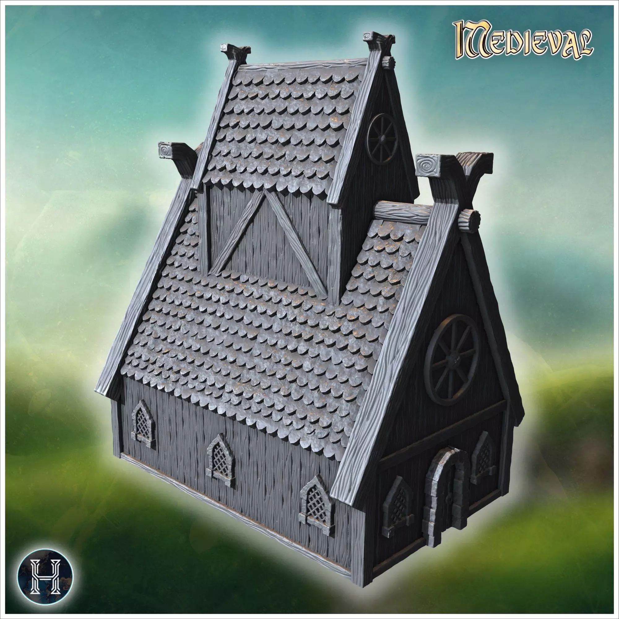 Traditional wooden hall with steep roof reinforced framework and 3D print model_7