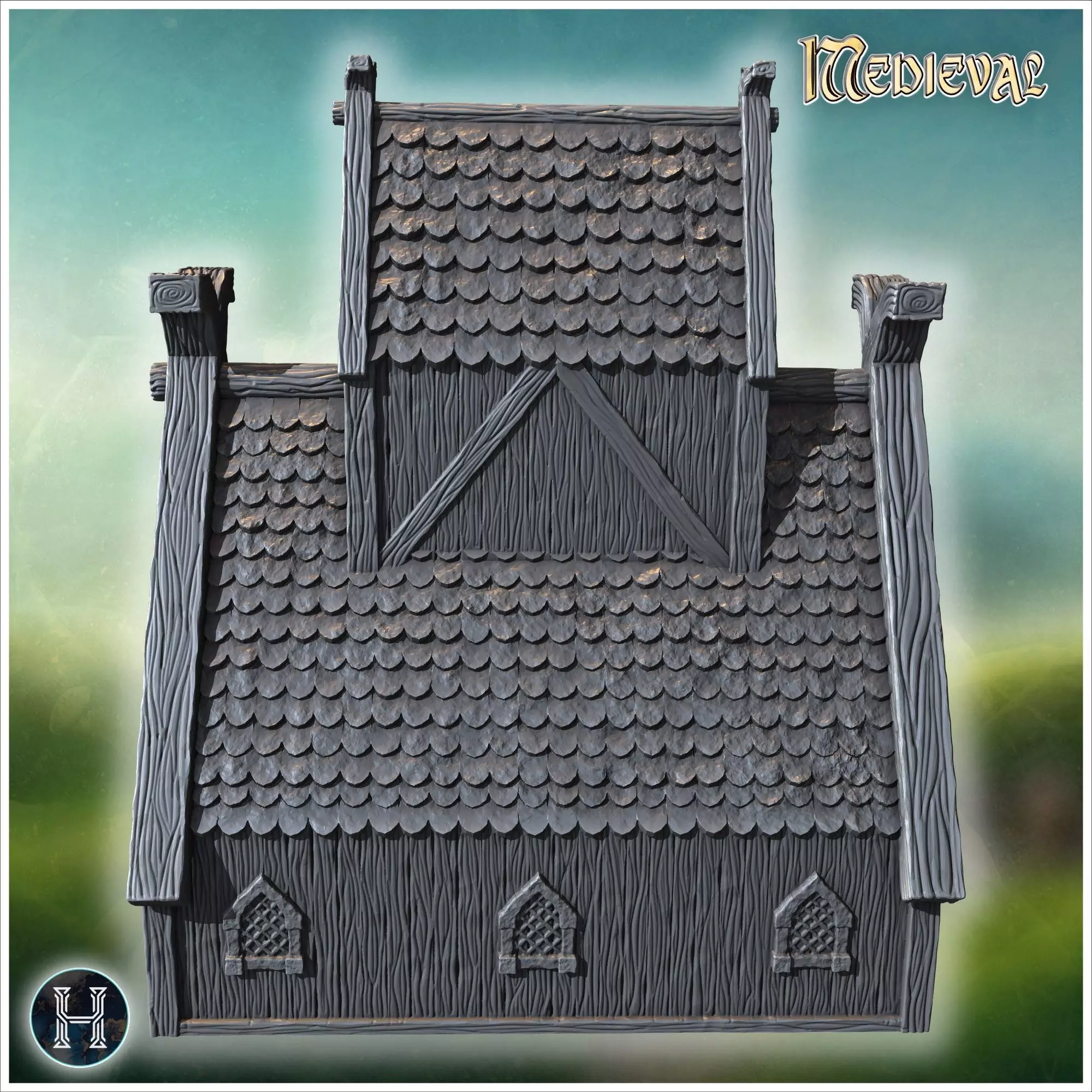 Traditional wooden hall with steep roof reinforced framework and 3D print model_3