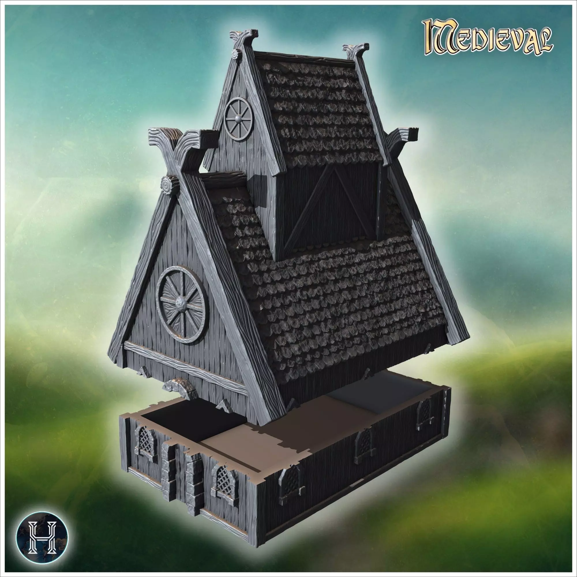 Traditional wooden hall with steep roof reinforced framework and 3D print model_4