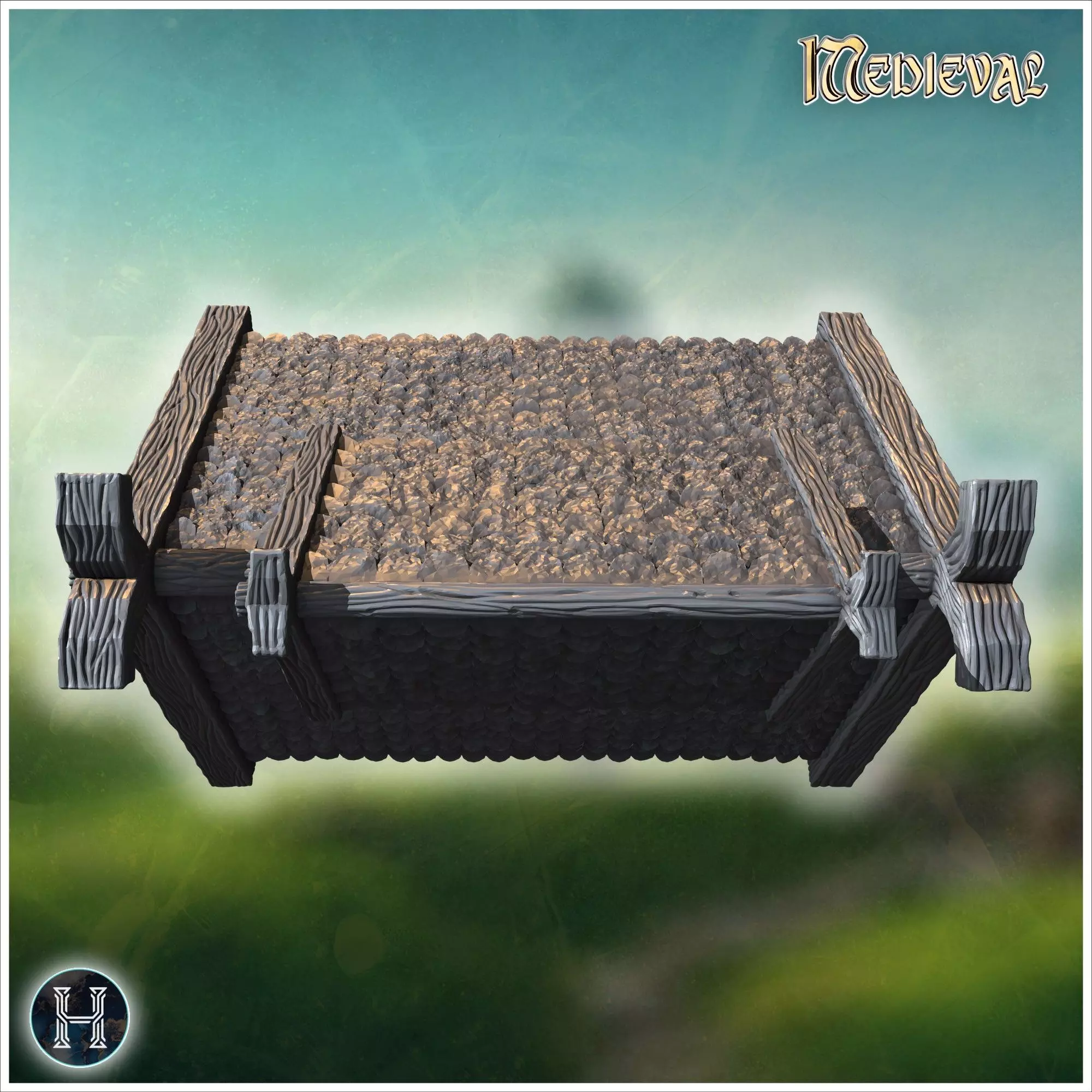 Traditional wooden hall with steep roof reinforced framework and 3D print model_2