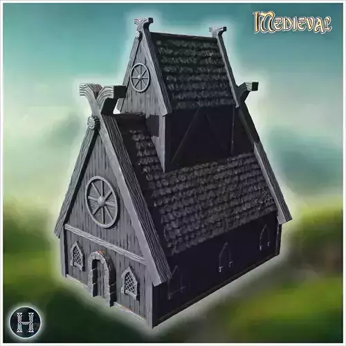 Traditional wooden hall with steep roof reinforced framework and