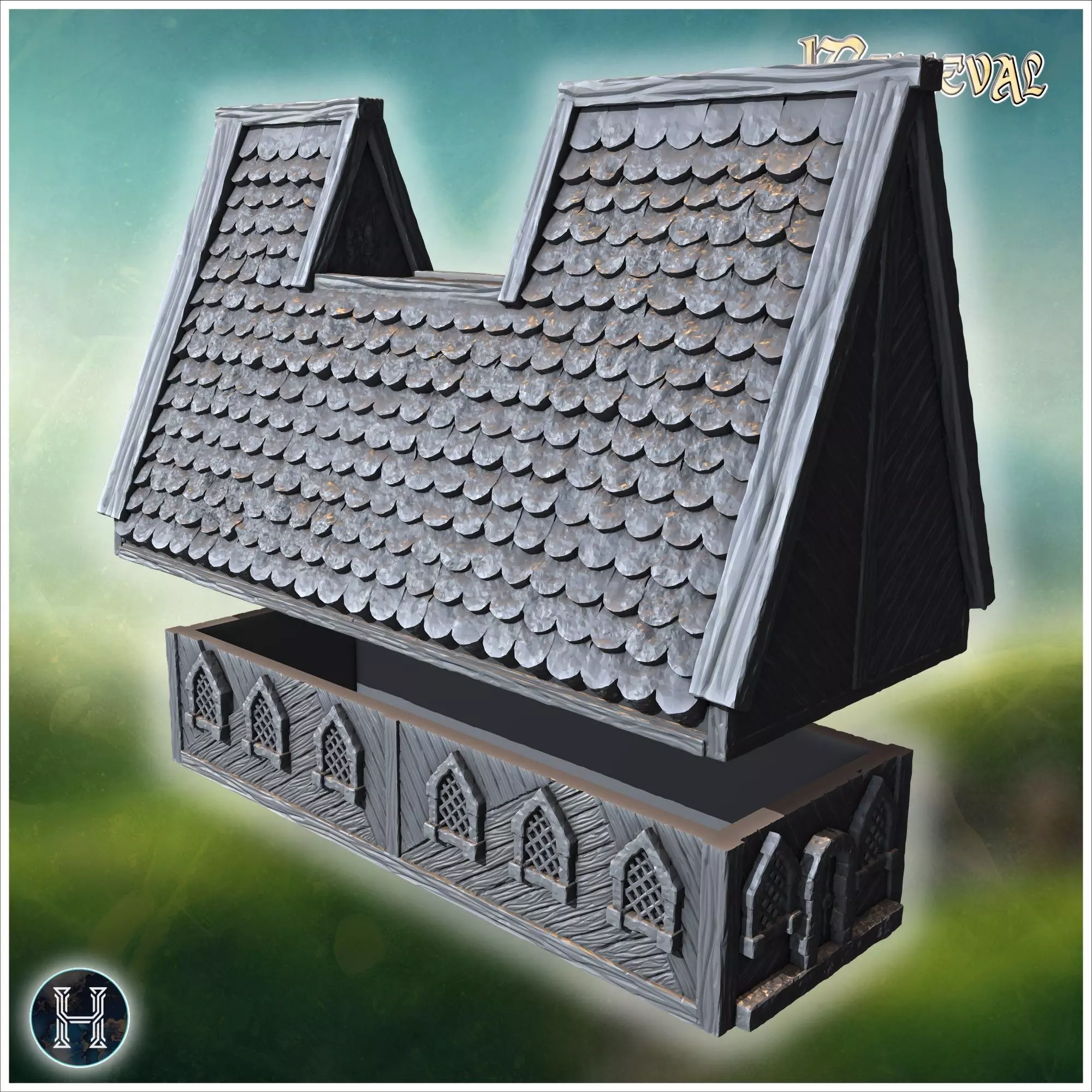 Long wooden hall with detailed roof shingles arched windows and 3D print model_6