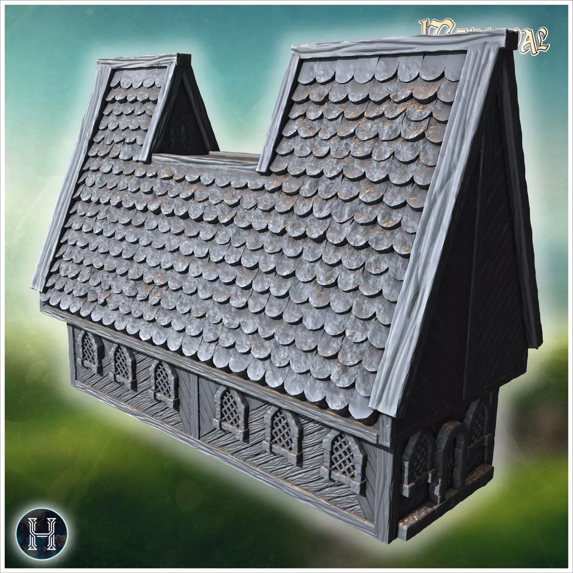 Long wooden hall with detailed roof shingles arched windows and 3D print model_7