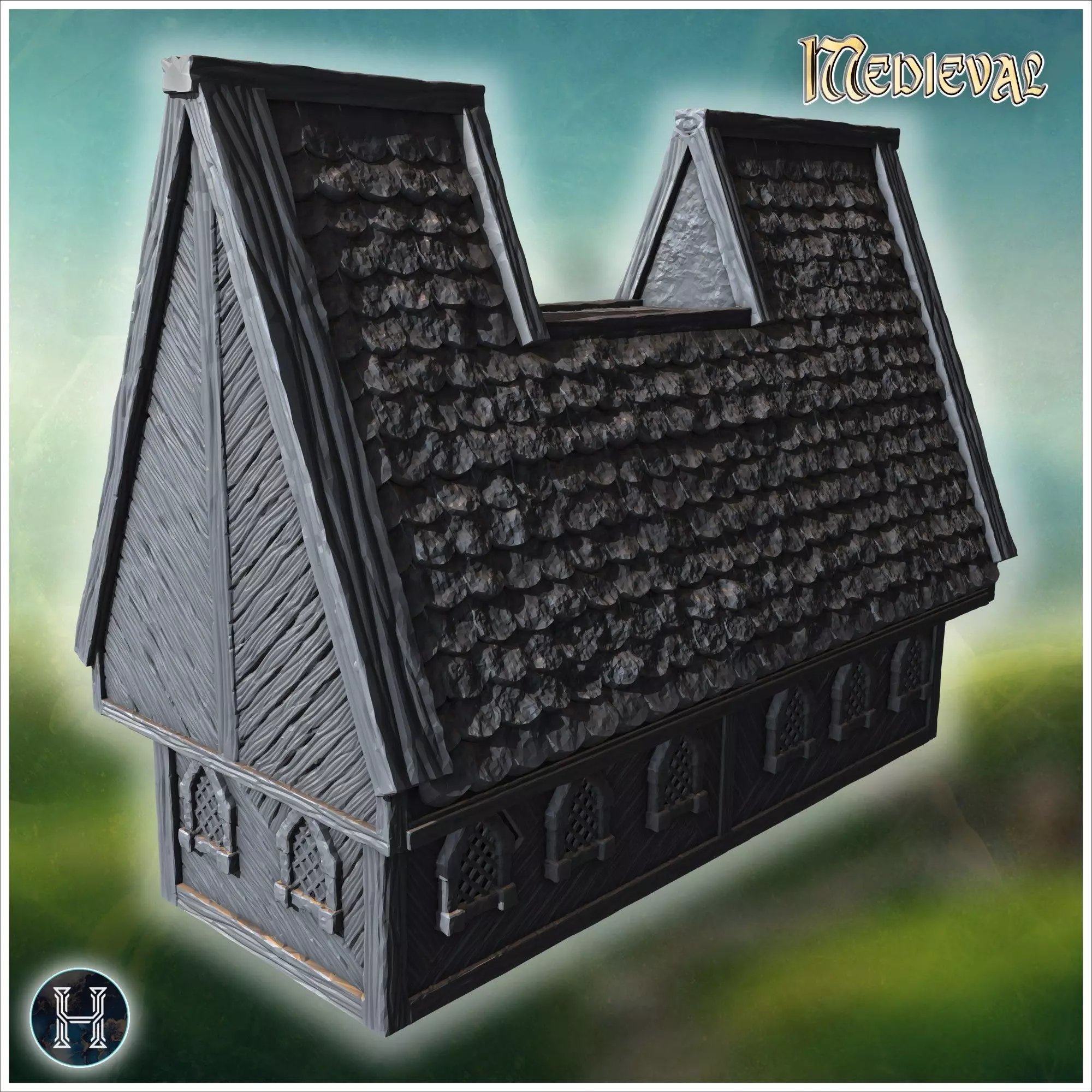 Long wooden hall with detailed roof shingles arched windows and 3D print model_9