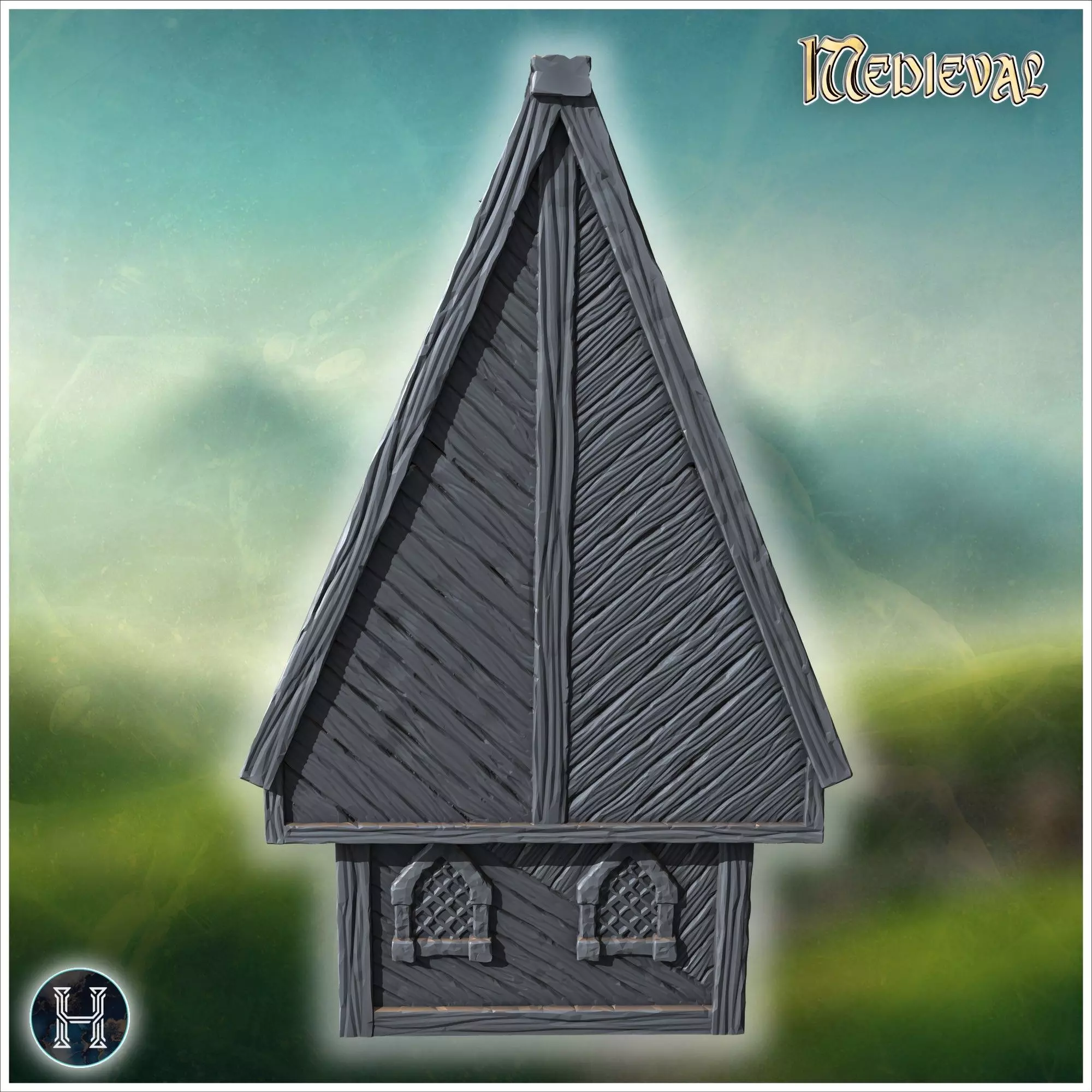 Long wooden hall with detailed roof shingles arched windows and 3D print model_10