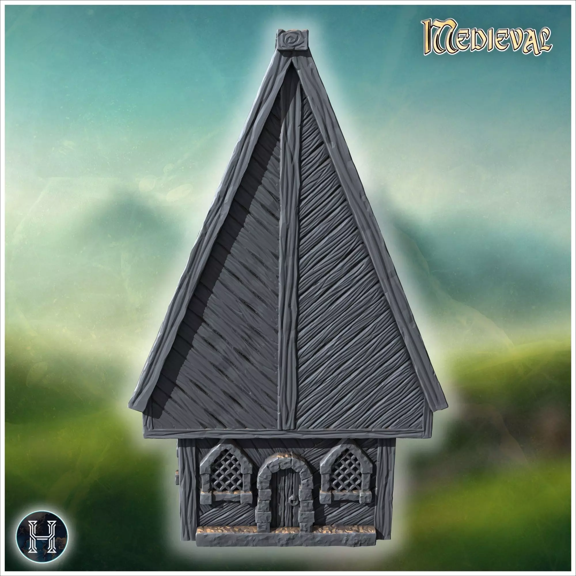 Long wooden hall with detailed roof shingles arched windows and 3D print model_5