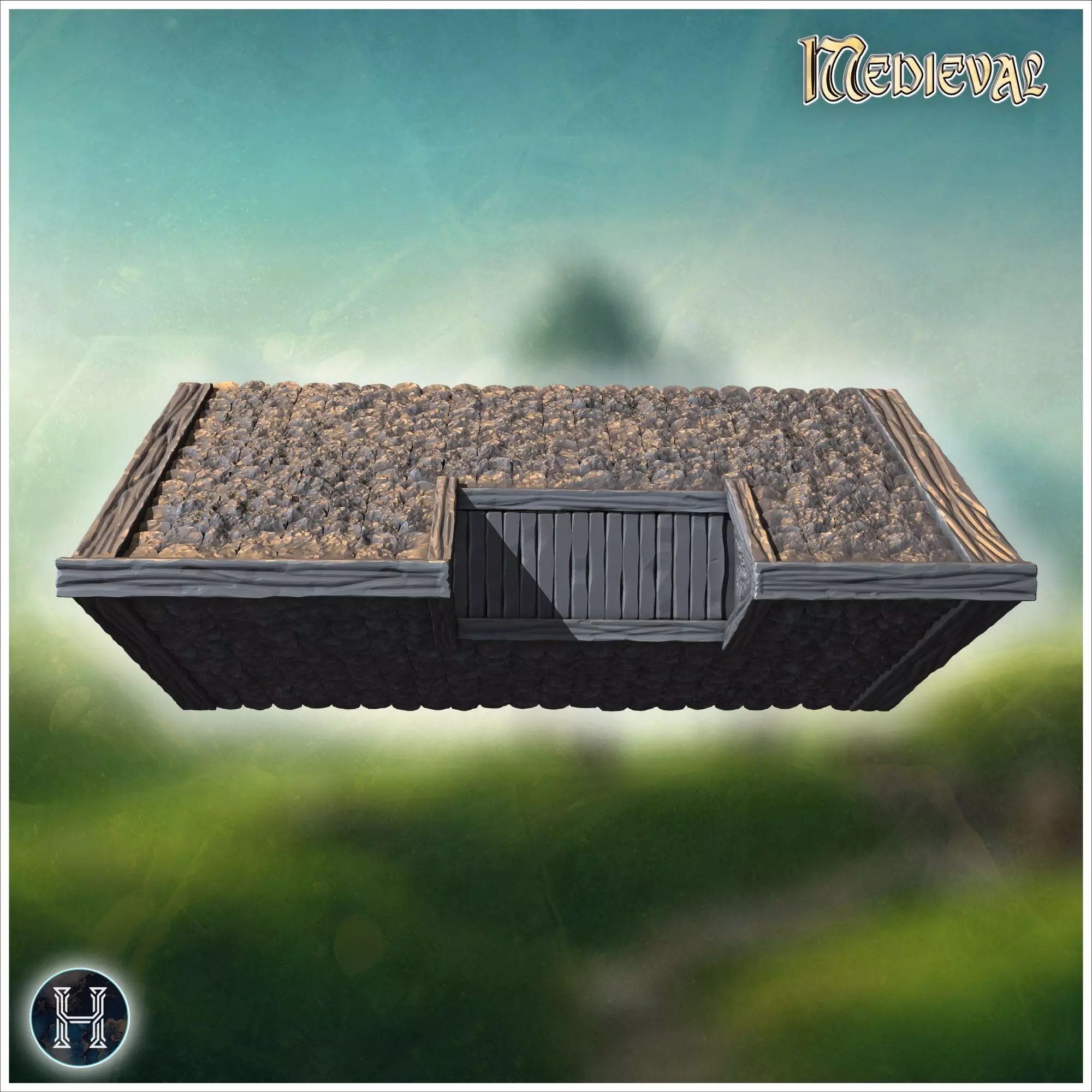 Long wooden hall with detailed roof shingles arched windows and 3D print model_2