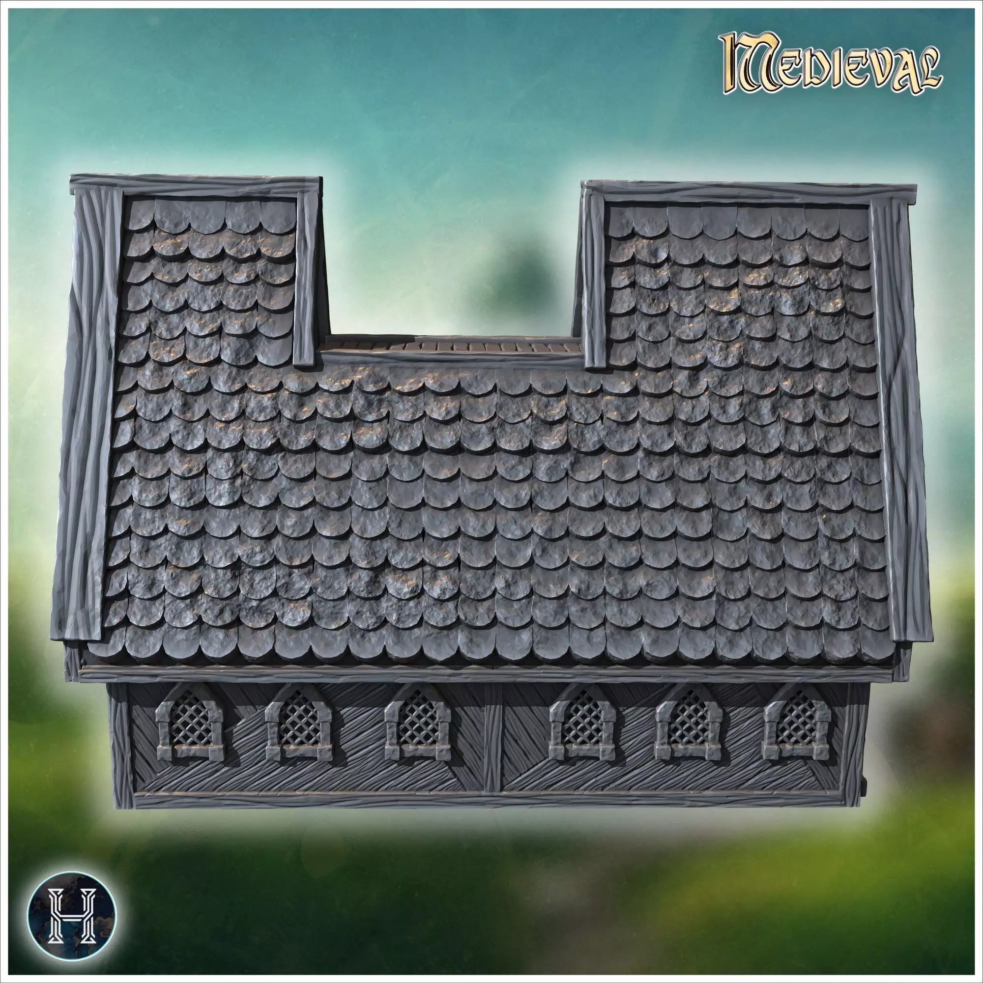 Long wooden hall with detailed roof shingles arched windows and 3D print model_8