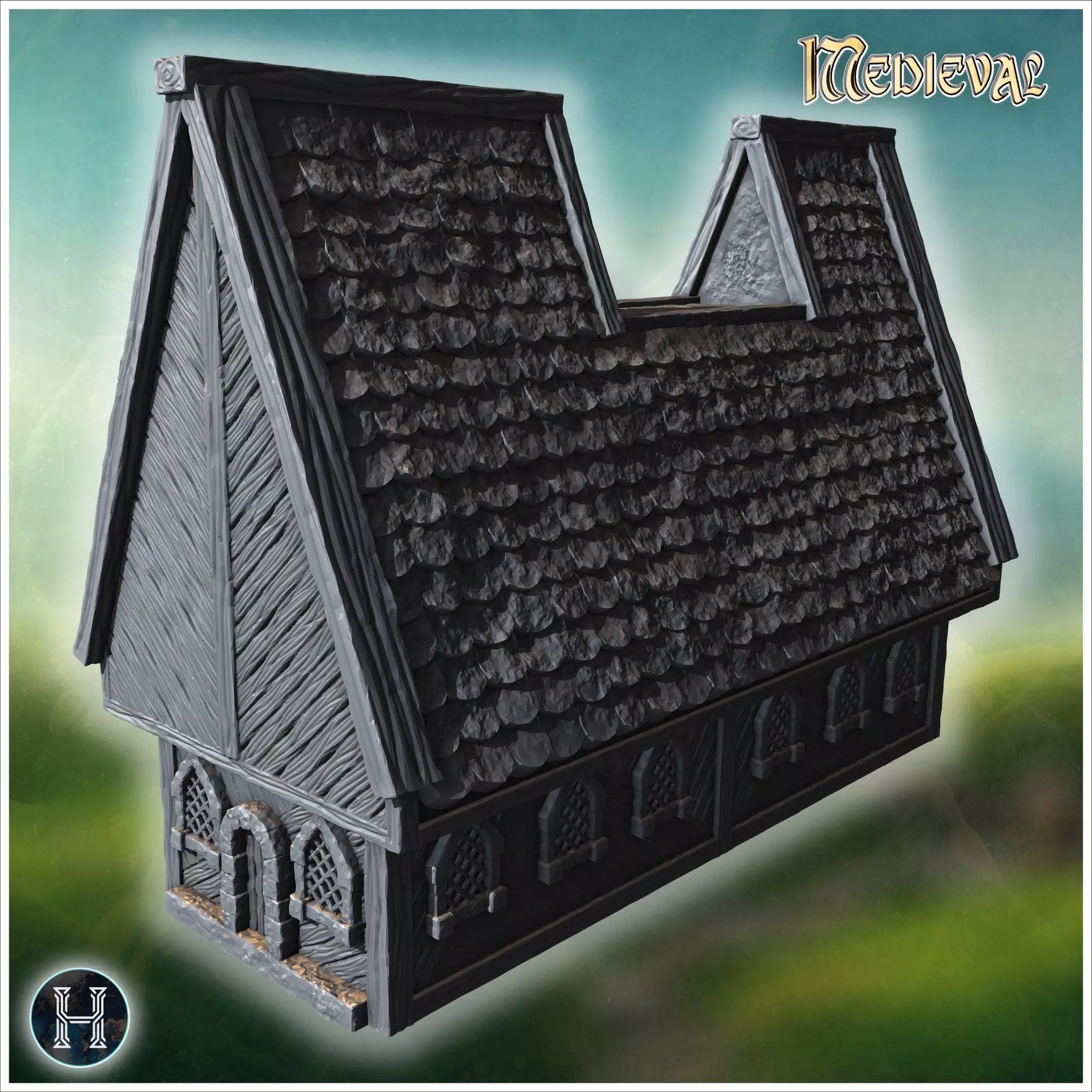 Long wooden hall with detailed roof shingles arched windows and 3D print model_0