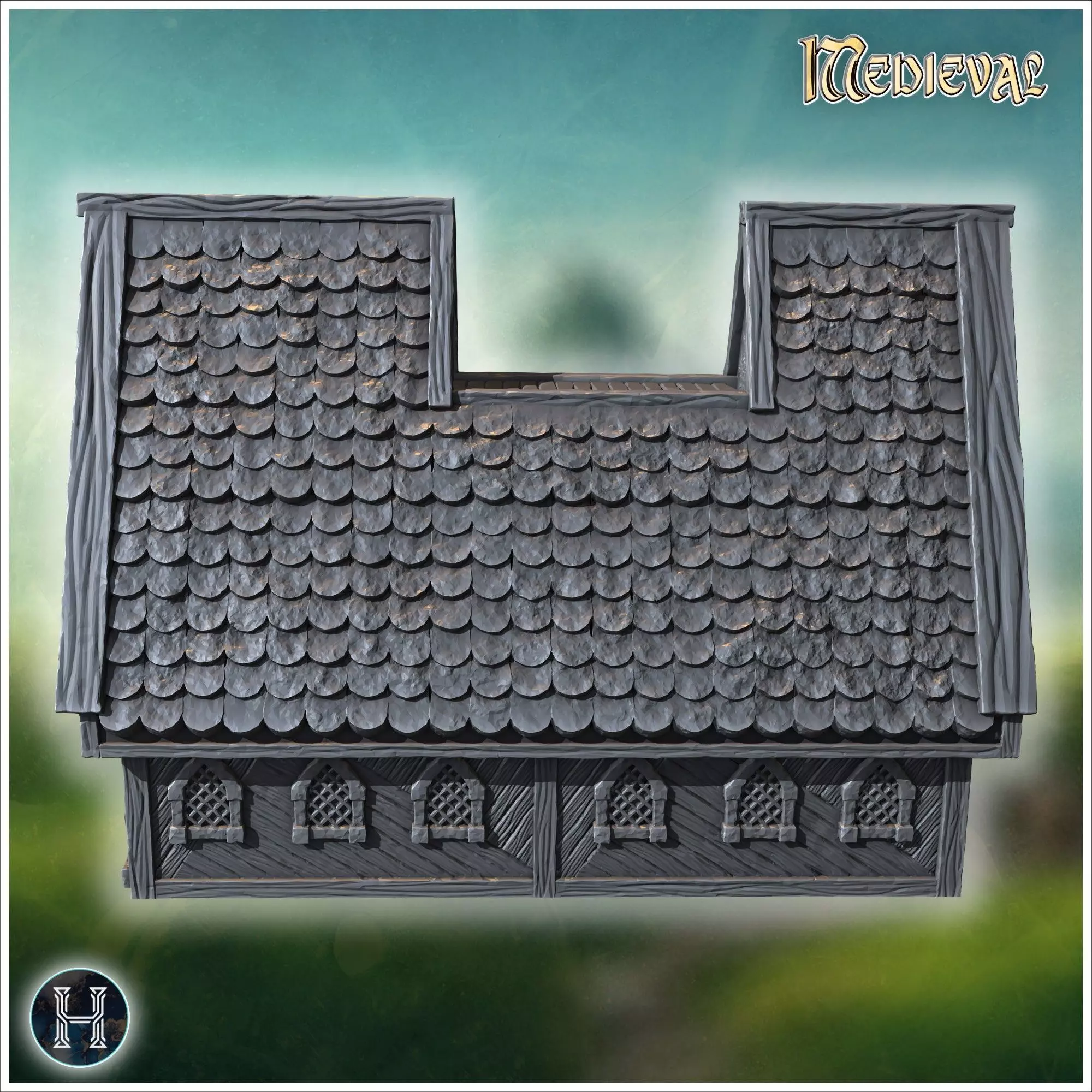 Long wooden hall with detailed roof shingles arched windows and 3D print model_3