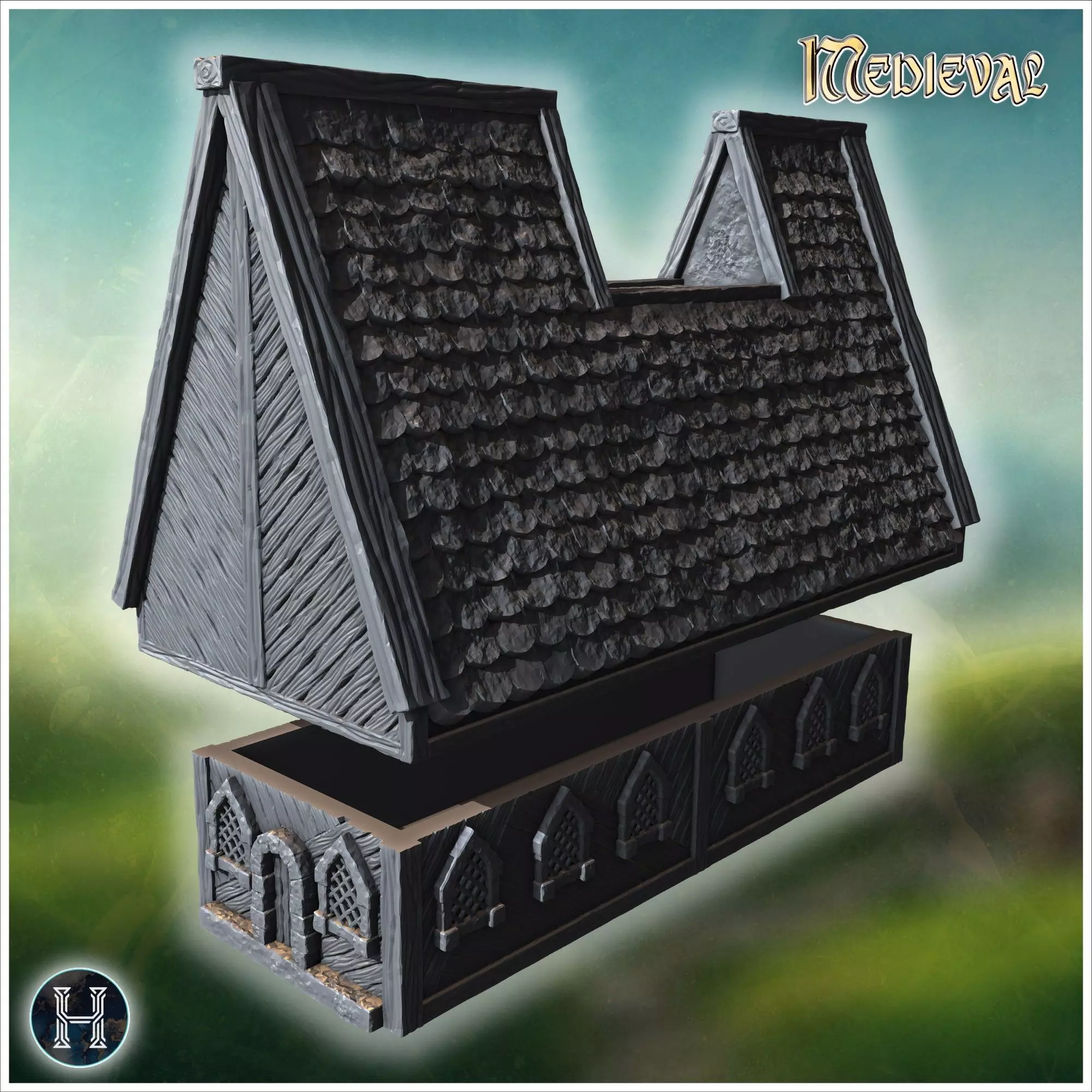 Long wooden hall with detailed roof shingles arched windows and 3D print model_4