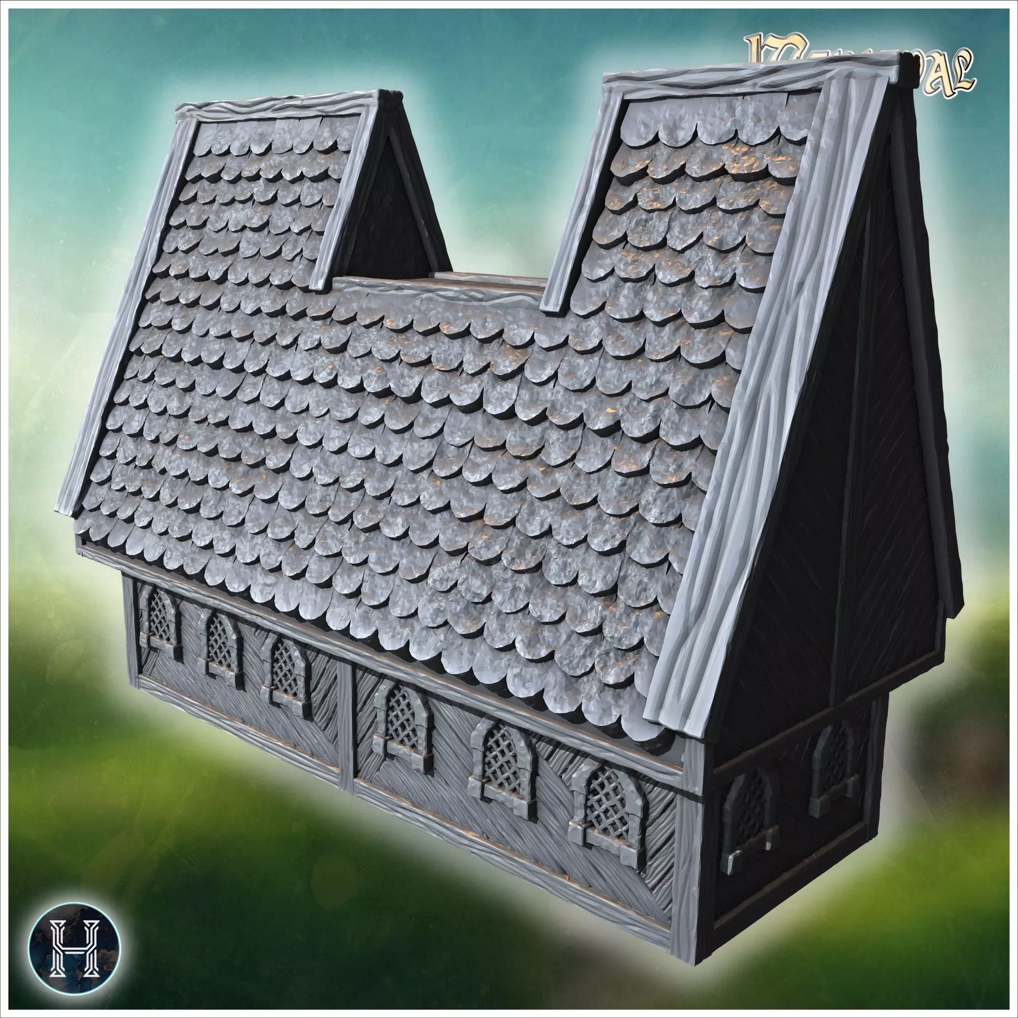 Long wooden hall with detailed roof shingles arched windows and 3D print model_1
