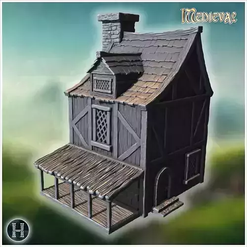 Timber-framed house with wooden porch arched door shingled roof 