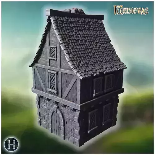 Tall medieval house with stone foundation timber-framed upper fl