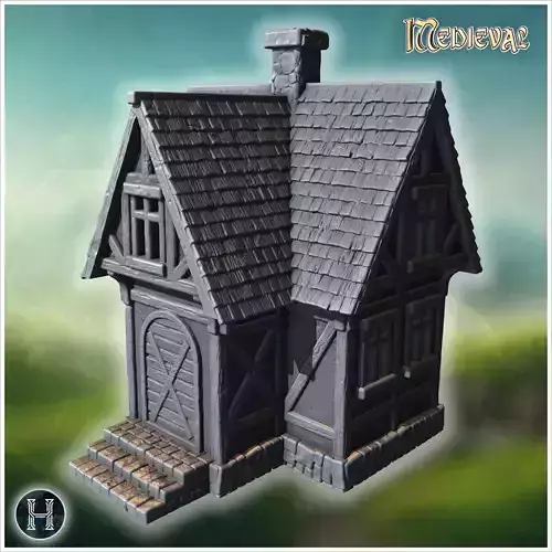 Rustic medieval house with stone walls wooden beams small window