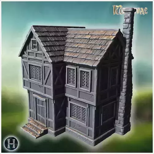Large medieval house with wooden reinforcements stone base latti