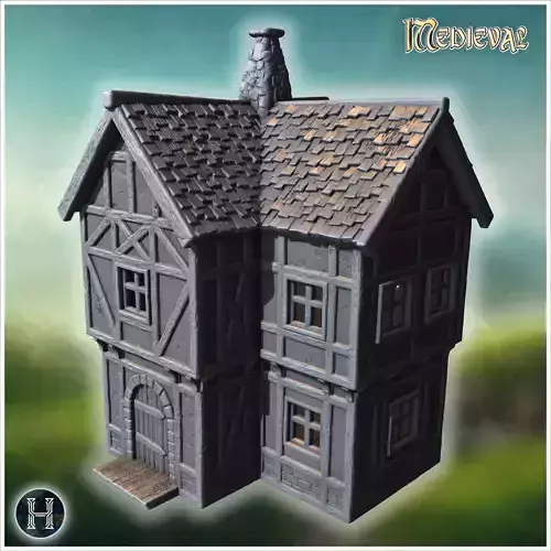 Corner medieval house with timber-framed structure stone chimney