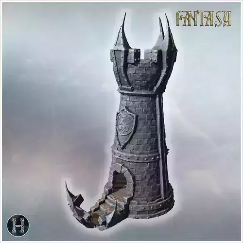 Gothic stone tower with spiked battlements engraved shield and f