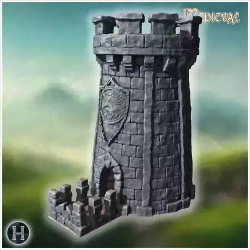 Medieval round tower with crenelated walls arched entrance and d