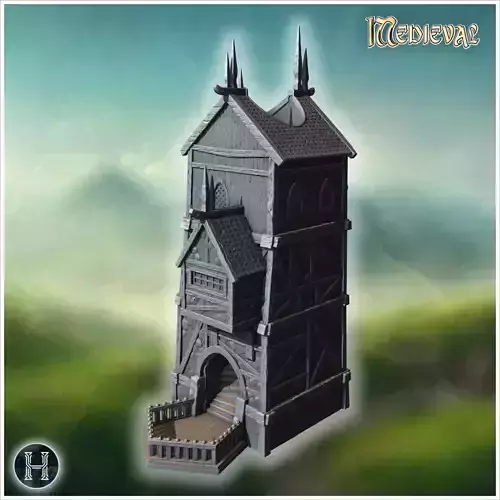 Timber-framed watchtower with reinforced base wooden balconies a