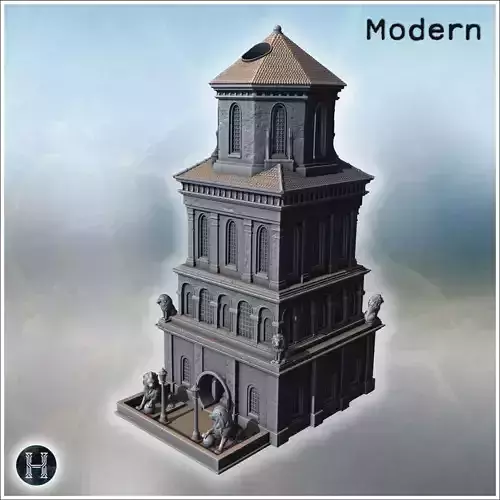 Grand neoclassical tower with arched windows lion statues and a 