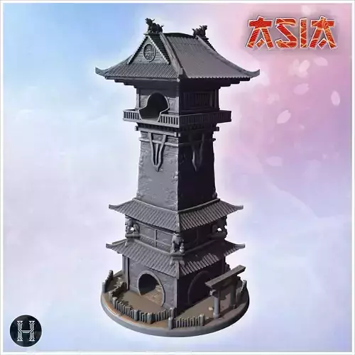 Pagoda-style tower with curved rooftops ornamental carvings and 
