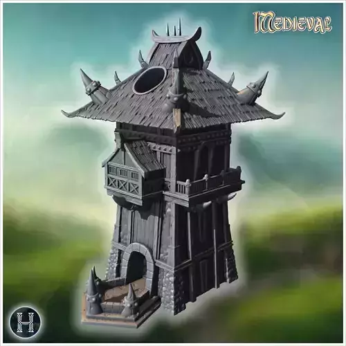 Tall wooden fortress tower with spiked decorations arched balcon