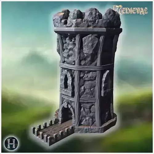 Rock-reinforced defensive tower with wooden supports arched open