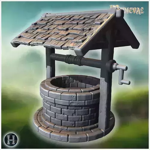 Round stone well with wooden roof hand crank and visible brick d